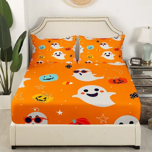 Miniatura 3 de Juego de ropa de cama de Halloween con patrón de sombras kawaii, sábana bajera tamaño queen, decoraciones de calabaza, luces de calabaza góticas