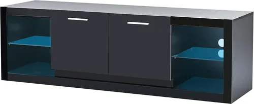Miniatura 5 de Soporte de TV versátil de alto brillo con luces LED que cambian de color y 2 estantes de vidrio templado, centro de entretenimiento para televisores