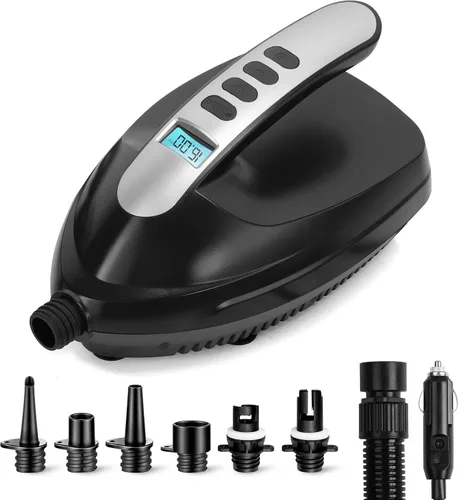 SereneLife Electric Paddle Board Pump – Portable 16 PSI Dual-Stage Air Compressor for Lightning-Fast Inflation, Auto-Off, LCD Display & 12V Car