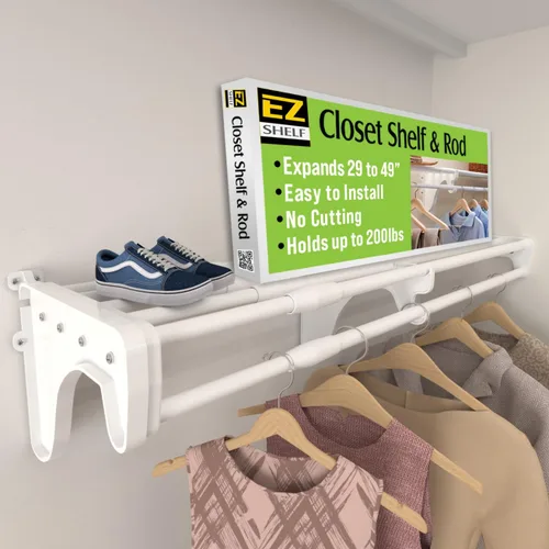 Miniatura 8 de EZ Shelf - Estante extensible para armario con barra para colgar, 64.3 a 119 pulgadas, blanco, fácil de instalar en 1 pared lateral y pared trasera