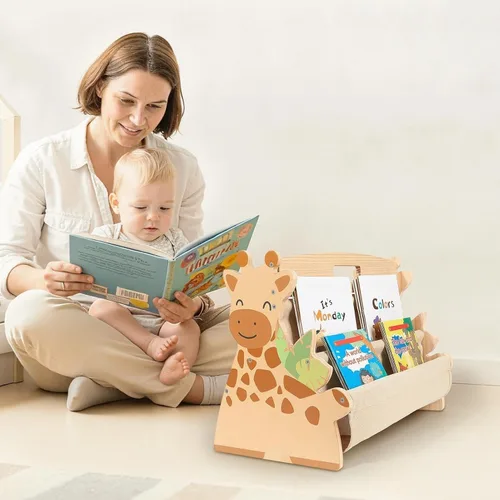 Miniatura 5 de Estantería infantil SheSeek de doble cara con 4 niveles de fundas profundas, estante de libros de madera para niños Montessori para habitación