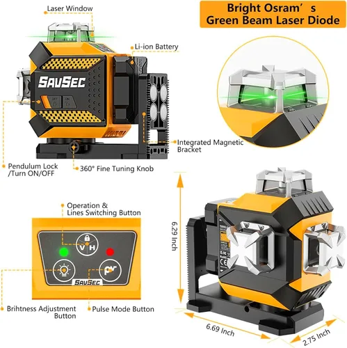 Miniatura 8 de Nivel láser 360 autonivelante, 3 x 360° de brillo ajustable, herramienta niveladora láser, recargable en 3D, láser de línea cruzada verde