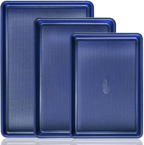 Miniatura 9 de HONGBAKE Juego de 3 bandejas antiadherentes de cerámica para horno, no tóxicas de medio cuarto/gelatina con textura de diamante, bandejas