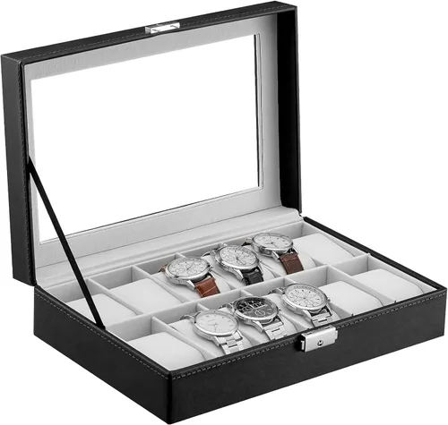 Miniatura 2 de Oyydecor Caja de reloj de piel sintética, organizador de almacenamiento de madera para almacenamiento y exhibición, regalos de hombres y mujeres