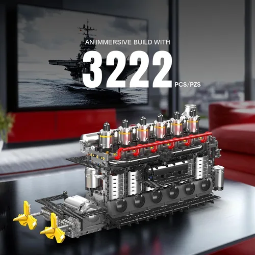 Miniatura 3 de Mould King 10209 - Juego de construcción de motor portaaviones, 3222 piezas en línea de 6 cilindros militares de aviación con pistones móviles