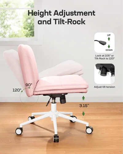 Miniatura 6 de Marsail Silla de escritorio sin brazos con ruedas: Silla amplia de cuero sintético con piernas cruzadas, sillas giratorias ajustables y cómodas