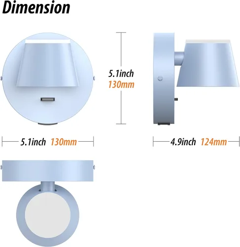 Miniatura 2 de URSOLA Juego de dos lámparas de pared, apliques de pared LED con interruptor de encendido/apagado, puerto de carga USB, 110 voltios, lámpara de Azul