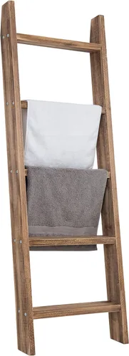 Miniatura 7 de MyGift Escalera grande de madera encalada para manta, estilo granja, toallero inclinado de pared con 5 peldaños (blanco vintage)