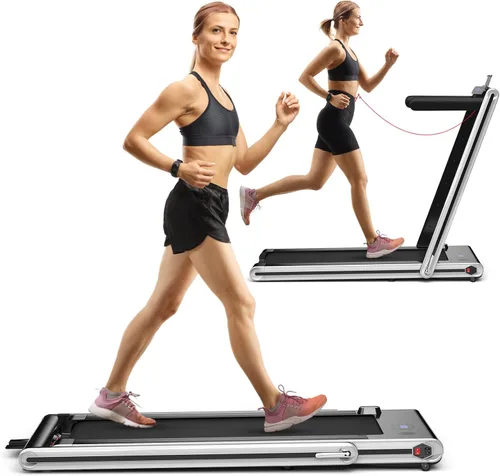 Goplus Caminadora plegable 2 en 1, caminadora eléctrica de 2.25 HP para debajo del escritorio con pantalla LED, altavoz de dientes azules, Plateado