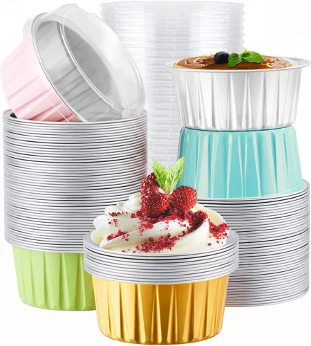 Miniatura 19 de EUSOAR Moldes de aluminio para magdalenas de varios colores, moldes de aluminio de 5 onzas para hornear, recipientes de postre con tapas, tazas de 5