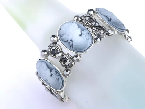 Miniatura 4 de Alilang Pulsera elástica de tono plateado brillante con diamantes de imitación victorianos camafeo para dama