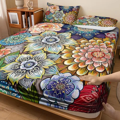 Nttopship Sábanas y fundas de almohada florales bohemias, sábana bajera ajustable de microfibra suave, bolsillos profundos, decoración de