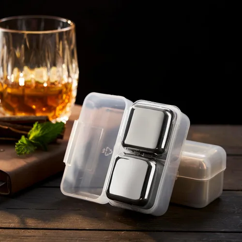 Miniatura 4 de 4 piedras grandes para whisky de 64 cm³ (4 pulg³) - Juego para regalo de hombre - Cubos esféricos de hielo de acero inoxidable reutilizables para 4