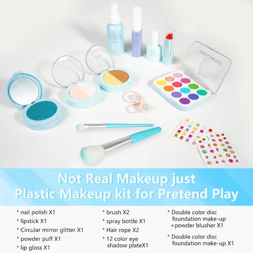Miniatura 7 de Kit de maquillaje de simulación para niñas, 15 piezas, azul Juguetes cosméticos falsos, para edades de 3, 4, 5, 6, 3-6 años, regalos de cumpleaños