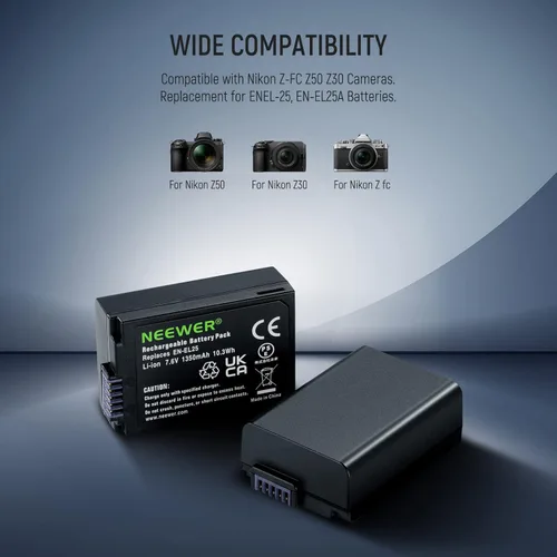 Miniatura 4 de NEEWER Juego de batería de repuesto y cargador para EN-EL25, paquete de 2 baterías de 1350 mAh y cargador USB tipo C de doble canal, compatible