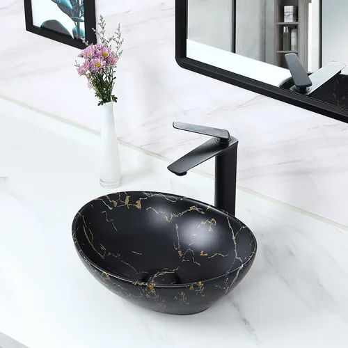 Miniatura 3 de Davivy Fregadero ovalado negro mate de 16 x 13.2 pulgadas con drenaje desplegable, fregaderos de baño, lavabos de baño sobre encimera, fregadero