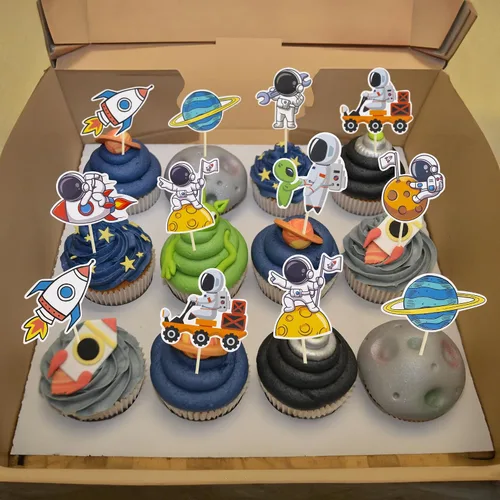Miniatura 9 de Gyufise 36 piezas de astronauta espacial para cupcakes, planeta, cohete, telescopio, viaje a la luna, para cupcakes para el espacio exterior, baby
