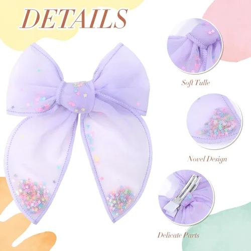 Miniatura 5 de 6 piezas de lazos de tul para el pelo de niñas, lazos para bebés de CN con estrella brillante y pinza de cocodrilo, pasadores de pelo coloridos