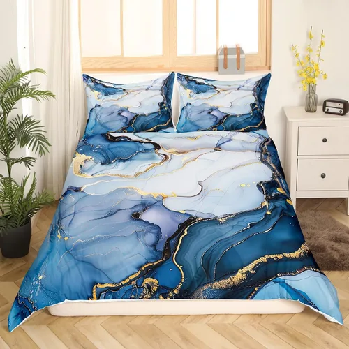 Miniatura 2 de Erosebridal Juego de ropa de cama de mármol líquido azul aguamarina, funda de edredón con estampado de mármol con patrón de mármol abstracto, juego