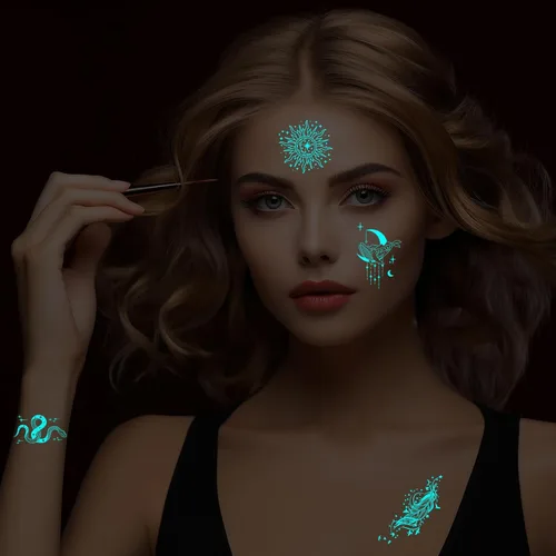 Miniatura 4 de Konsait 10 hojas de tatuajes temporales que brillan en la oscuridad para mujeres y niñas, tatuajes faciales brillantes para niños, serpiente