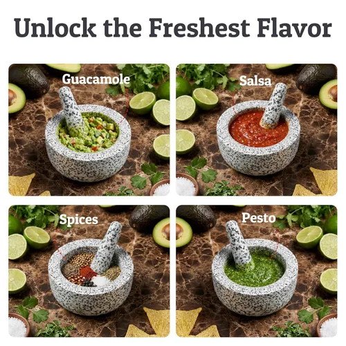 Miniatura 6 de Priority Chef Juego de mortero y mortero de granito natural extra grande de servicio pesado, 4 tazas, tallado a mano, haz guacamole fresco, salsa