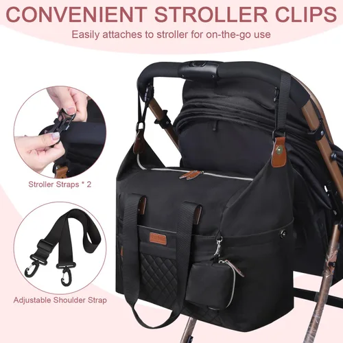 Miniatura 7 de Pritent Bolsa de pañales, bolsas de pañales para bebé con funda para chupete, correas de hombro, clips para cochecito, bolsa grande impermeable