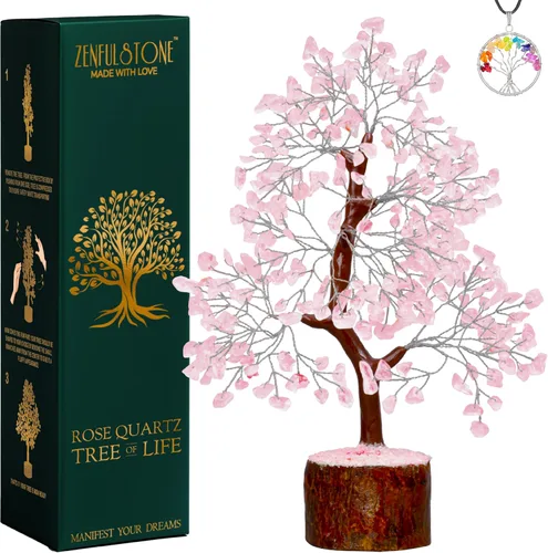 ZENFULSTONE - Árbol de cristal de cuarzo rosa para el amor y la curación, decoración para el hogar y la oficina | Bonsái hecho a mano para el apoyo