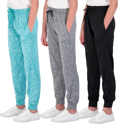Real Essentials Paquete de 3 pantalones deportivos Dry-Fit para niñas, pantalones deportivos suaves y activos con bolsillos y cordón