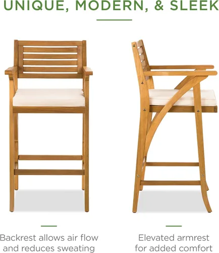 Miniatura 4 de Best Choice Products Juego de 2 taburetes de bar de madera de acacia para exteriores, sillas de bar para patio, piscina, jardín con cojines Crema