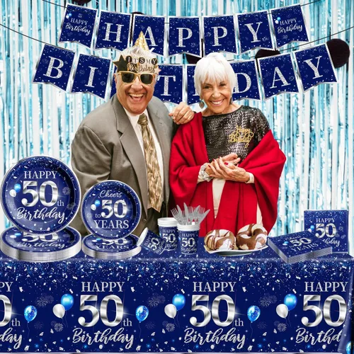 Miniatura 2 de Juego de vajilla de 142 piezas para decoración de cumpleaños número 50, color plateado y azul, suministros de fiesta de cumpleaños número 50