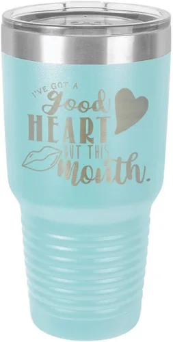 Miniatura 15 de Taza de viaje de acero con recubrimiento de polvo grabado por láser, con texto en inglés "IVE GOT A GOOD HEART BUT THIS MOUTH Engraved 30oz Taza