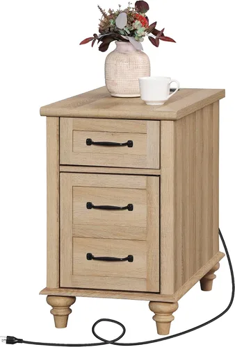 Miniatura 8 de WAMPAT Mesa auxiliar estrecha de roble con estación de carga, mesa auxiliar de granja con patas de madera maciza, mesita de noche de madera