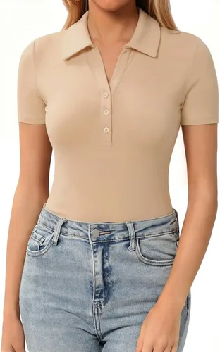 Miniatura 16 de HERLOLLYCHIPS Womens Short Sleeve Tops V Neck Button Down Collared Fitted Shirts