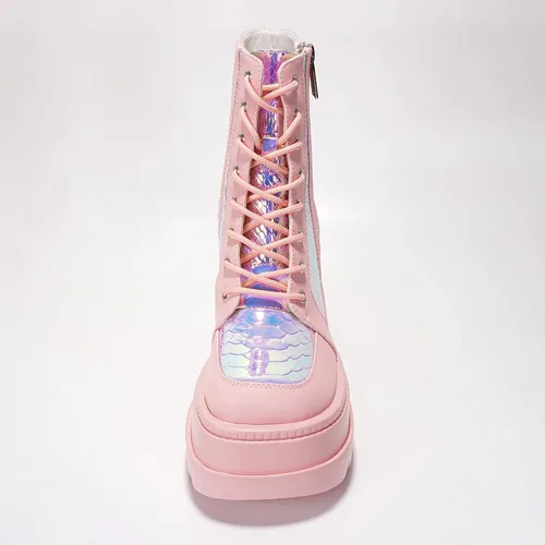 Miniatura 5 de Cape Robbin Botines de plataforma holográficos para mujeres, tacones gruesos en bloque, punta puntiaguda, cuero PU con correa de hebilla