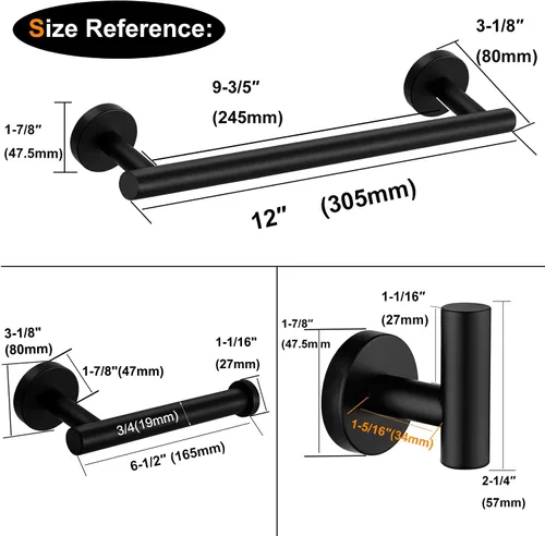 Miniatura 7 de Nolimas Juego de 3 piezas de accesorios de baño negro mate SUS304 de acero inoxidable redondo montado en la pared, incluye barra de toalla de mano 3