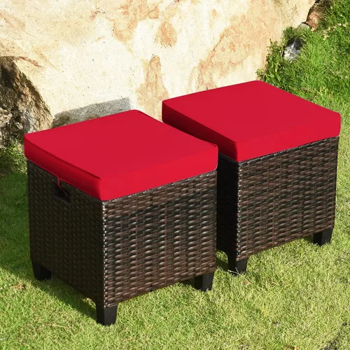 Miniatura 2 de HAPPYGRILL Juego de 2 piezas otomanas de mimbre de ratán para exteriores, con cojines extraíbles, muebles de patio, reposapiés, asiento para Marrón
