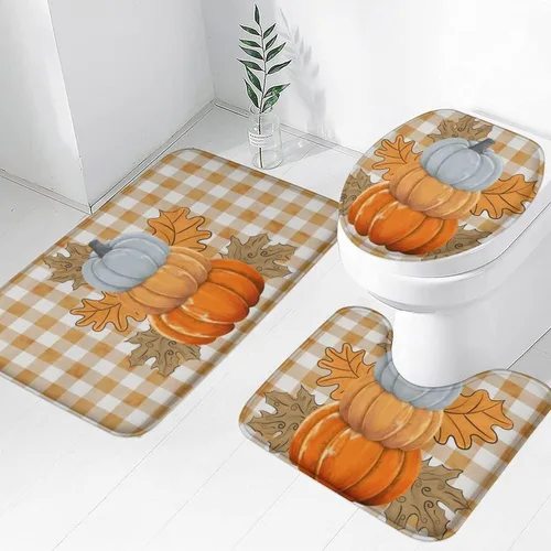 Miniatura 10 de Juego de 3 alfombras de baño de calabaza de otoño con diseño de búfalo naranja, hojas de arce, cosecha de Acción de Gracias, suave, antideslizante