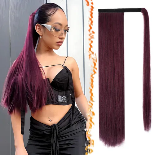 Miniatura 30 de BARSDAR Extensión de cola de caballo de 28 pulgadas largo recto envoltura alrededor del clip en pelo de fibra sintética para mujeres, negro