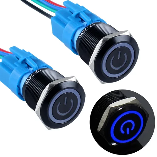 Miniatura 18 de 2 piezas interruptor de botón pulsador con pestillo de 16mm, 12V-24V, encendido/apagado, 1NO 1NC, impermeable IP66, carcasa de metal negro