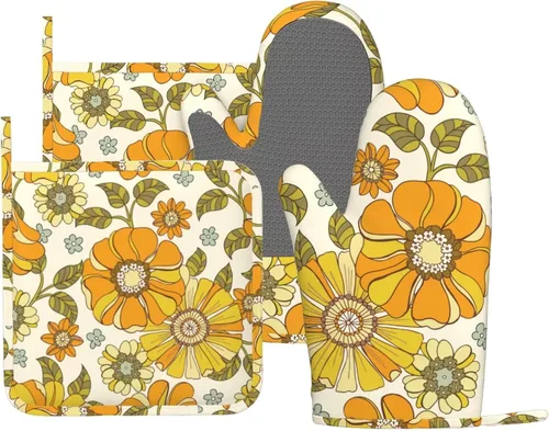 Juego de guantes de horno y soportes para ollas con flores estilo retro de los años 70, guantes de cocina de silicona, resistentes al calor, 4 Flor