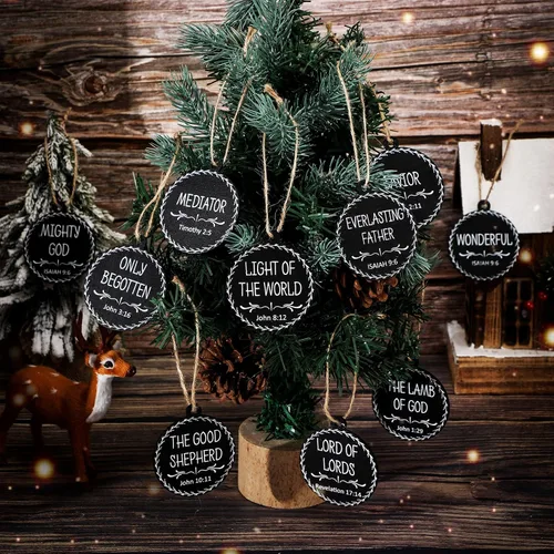 Miniatura 3 de Jetec 48 Piezas Adornos con Nombres de Jesús Cristo Adornos de Navidad Juego de Belén Adorno Redondo de Madera para Navidad Adorno Colgante