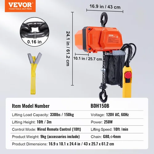 Miniatura 7 de VEVOR Polipasto eléctrico de cadena, capacidad de carga de 330 libras, altura de elevación de 10 pies, velocidad de 10 pies/min, 120 V, grúa