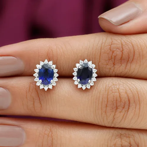 Miniatura 8 de Princess Diana Inspired Lab Created Blue Sapphire Earrings, Created Blue Sapphire Stud Earrings, Classic Created Blue Sapphire Earrings with