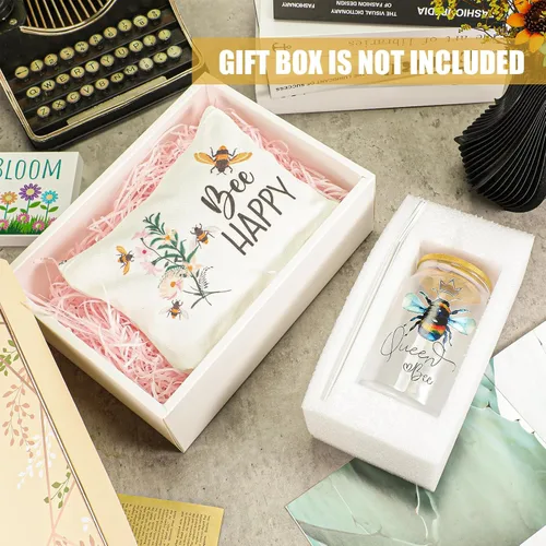 Miniatura 5 de Hushee 3 piezas de regalos temáticos de abeja, bolsa de maquillaje feliz y taza de vidrio con tapa, llavero de paja inspirador para graduación