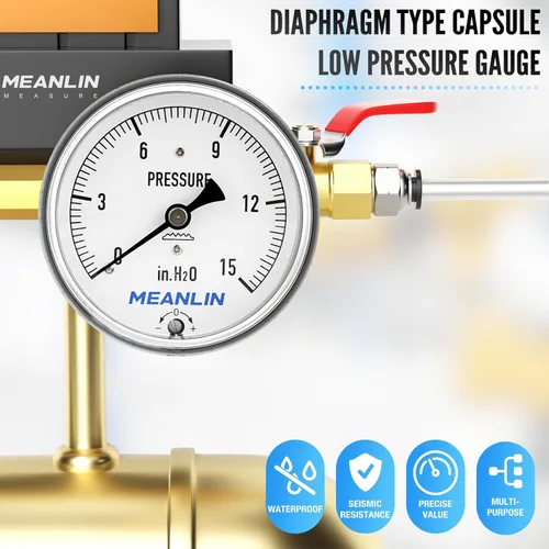 Miniatura 6 de MEANLIN MEASURE Manómetro de baja presión tipo cápsula de diafragma H2O de 0-15 pulgadas NPT de 2-1/3 pulgadas, esfera de cara ajustable, con 1/2