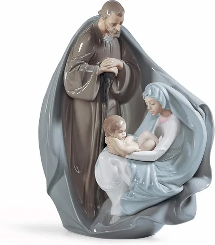 LLADRÓ Figura decorativa del nacimiento de Jesús en porcelana brillante. Figura decorativa de belén con la Virgen María, San José y el Niño Jesús.