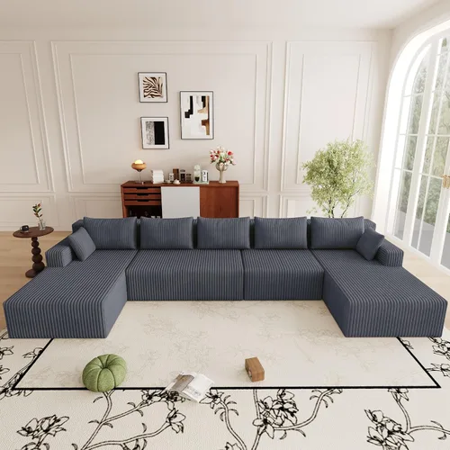 Miniatura 61 de Sofá modular de 95 pulgadas con otomana, moderno sofá nube de pana con asiento profundo, sofá sin hueso tapizado de 3 plazas en forma de U para sala