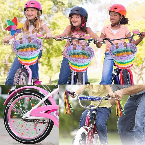 Miniatura 7 de Cesta de bicicleta para niñas, cesta de bicicleta ajustable para manillar delantero con serpentinas de bicicleta, juego de campana/molino de viento