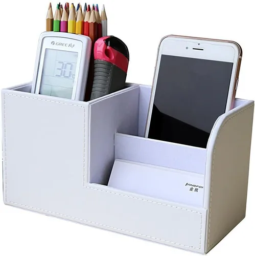 Miniatura 11 de KINGFOM Organizador de escritorio caddy de suministros de oficina de cuero PU, caja de almacenamiento multifunción para bolígrafo/lápiz, teléfono