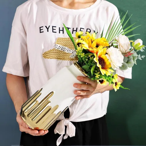 Miniatura 4 de Jarrón grande de cerámica blanca con detalles chapados en oro de 11 pulgadas de alto, florero decorativo para sala de estar, decoración moderna
